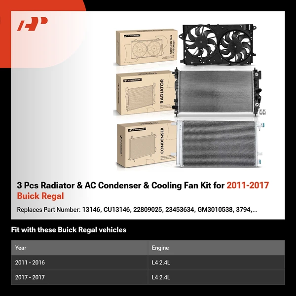 3 Pcs Radiator & AC Condenser & Cooling Fan Kit for 2011-2017 Buick Regal