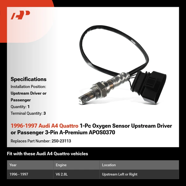 1996-1997 Audi A4 Quattro 1-Pc Oxygen Sensor Upstream Driver or Passenger 3-Pin A-Premium APOS0370