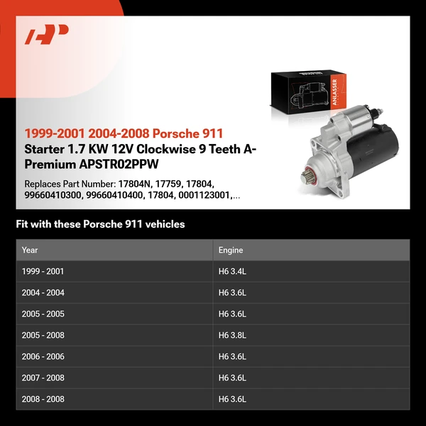 1999-2001 2004-2008 Porsche 911 Starter 1.7 KW 12V Clockwise 9 Teeth A-Premium APSTR02PPW