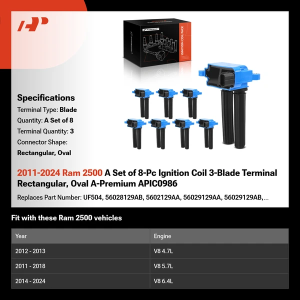 2011-2024 Ram 2500 A Set of 8-Pc Ignition Coil 3-Blade Terminal Rectangular, Oval A-Premium APIC0986