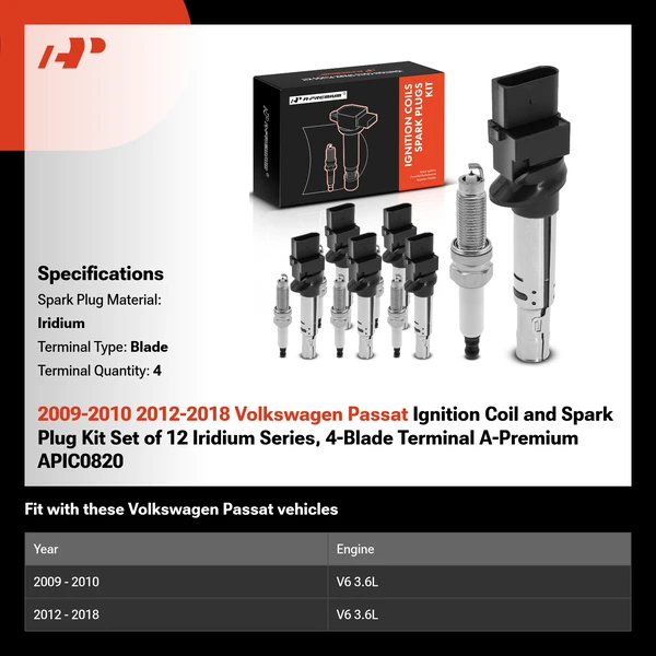 2009-2010 2012-2018 Volkswagen Passat Ignition Coil and Spark Plug Kit Set of 12 Iridium Series, 4-Blade Terminal A-Premium APIC0820