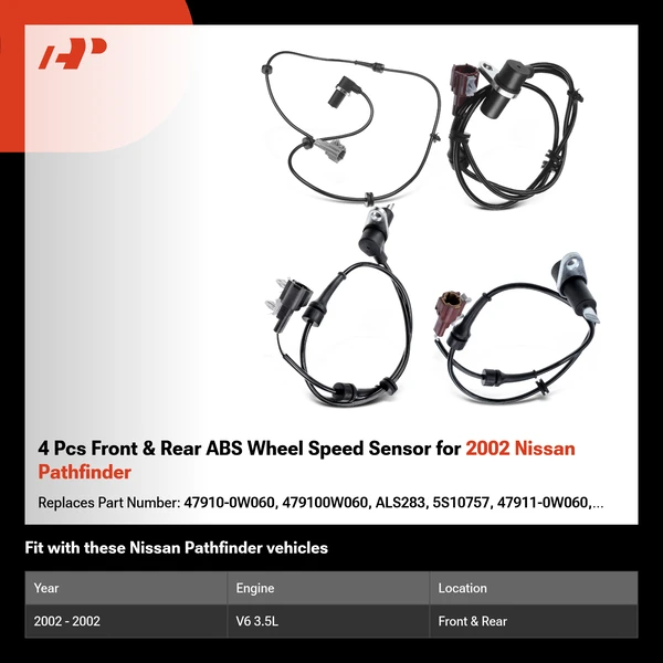 4 Pcs Front & Rear ABS Wheel Speed Sensor for 2002 Nissan Pathfinder