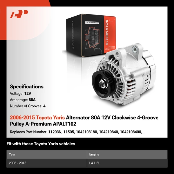 2006-2015 Toyota Yaris Alternator 80A 12V Clockwise 4-Groove Pulley A-Premium APALT102