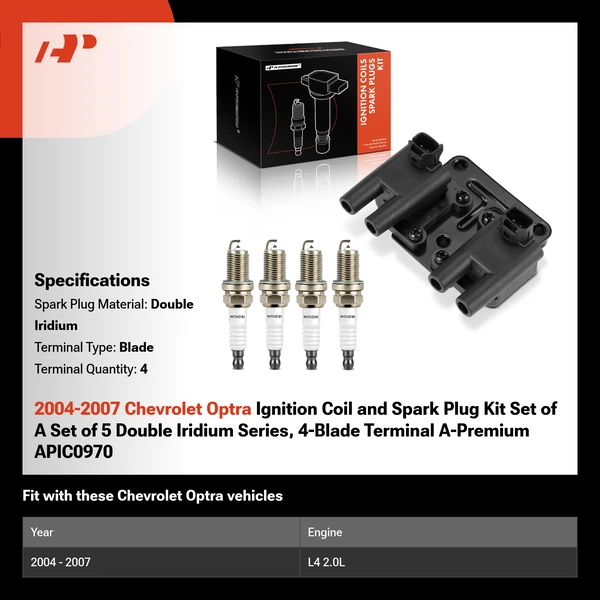 2004-2007 Chevrolet Optra Ignition Coil and Spark Plug Kit Set of A Set of 5 Double Iridium Series, 4-Blade Terminal A-Premium APIC0970
