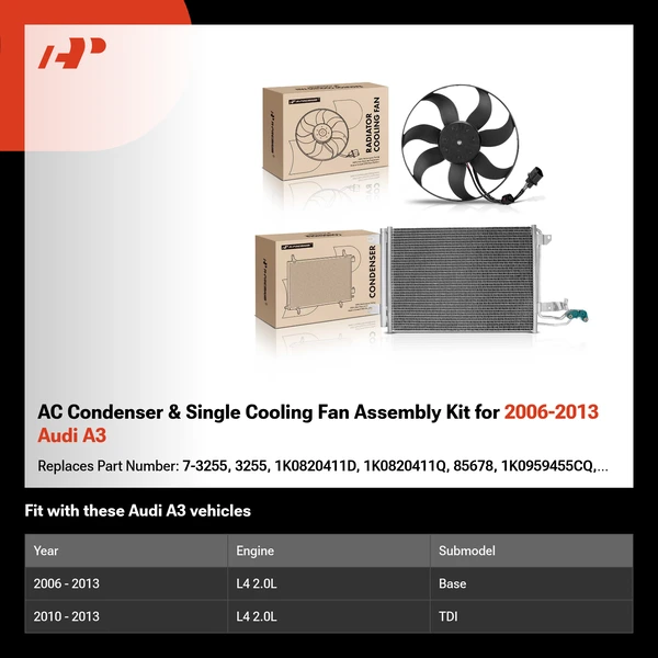 AC Condenser & Single Cooling Fan Assembly Kit for 2006-2013 Audi A3