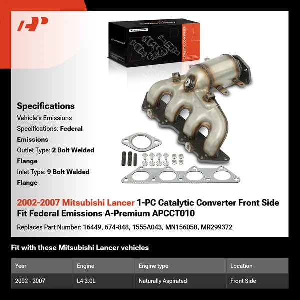 2002-2007 Mitsubishi Lancer 1-PC Catalytic Converter Front Side Fit Federal Emissions A-Premium APCCT010