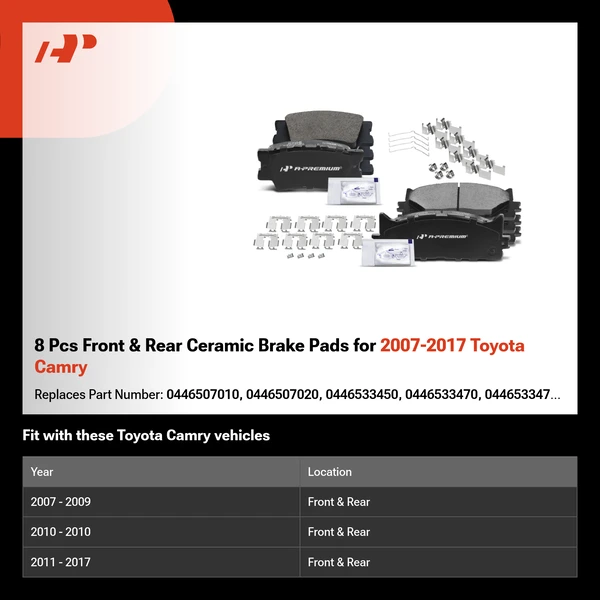8 Pcs Front & Rear Ceramic Brake Pads for 2007-2017 Toyota Camry