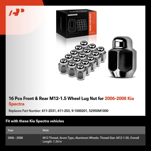 16 Pcs Front & Rear M12-1.5 Wheel Lug Nut for 2006-2008 Kia Spectra