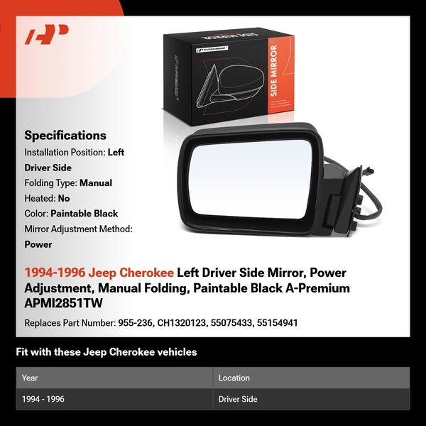 1994-1996 Jeep Cherokee Left Driver Side Mirror, Power Adjustment, Manual Folding, Paintable Black A-Premium APMI2851TW