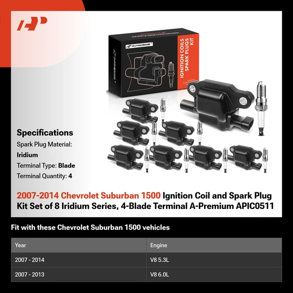 2007-2014 Chevrolet Suburban 1500 Ignition Coil and Spark Plug Kit Set of 8 Iridium Series, 4-Blade Terminal A-Premium APIC0511