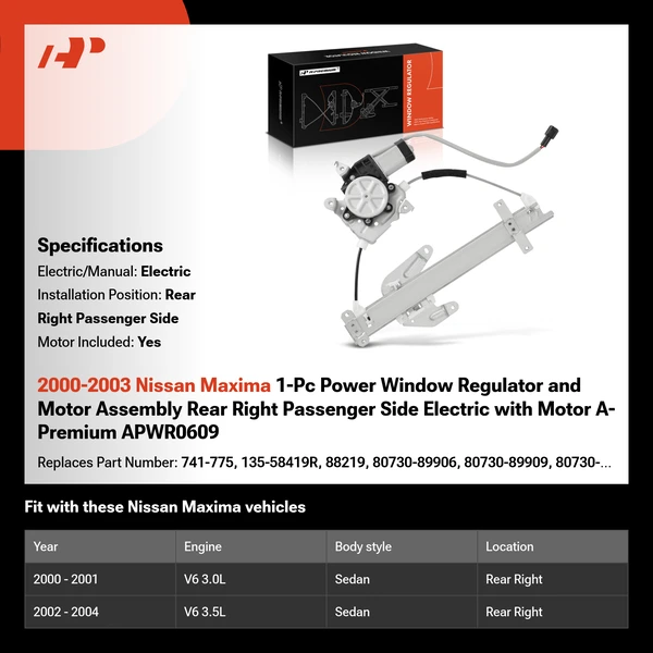 2000-2003 Nissan Maxima 1-Pc Power Window Regulator and Motor Assembly Rear Right Passenger Side Electric with Motor A-Premium APWR0609