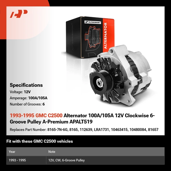 1993-1995 GMC C2500 Alternator 100A/105A 12V Clockwise 6-Groove Pulley A-Premium APALT519
