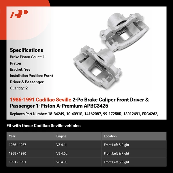 1986-1991 Cadillac Seville 2-Pc Brake Caliper Front Driver & Passenger 1-Piston A-Premium APBC3425