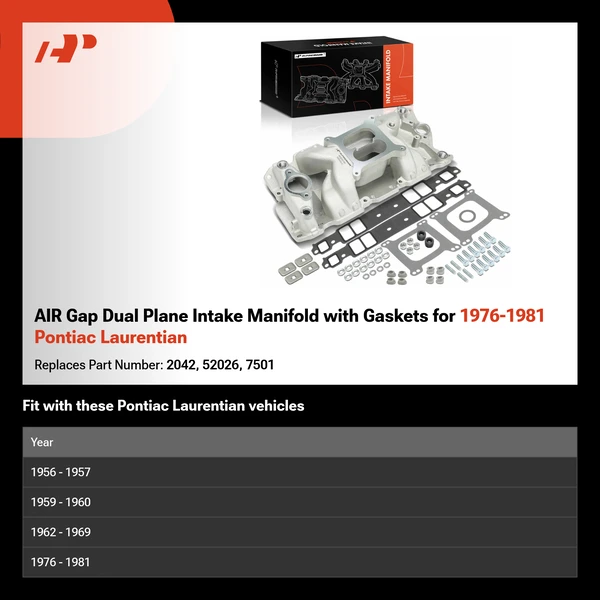 AIR Gap Dual Plane Intake Manifold with Gaskets for 1976-1981 Pontiac Laurentian