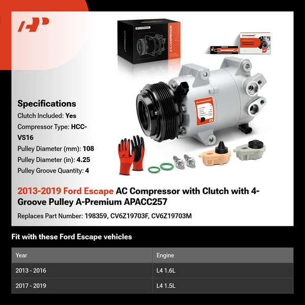 2013-2019 Ford Escape AC Compressor with Clutch with 4-Groove Pulley A-Premium APACC257