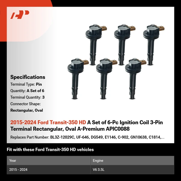 2015-2024 Ford Transit-350 HD A Set of 6-Pc Ignition Coil 3-Pin Terminal Rectangular, Oval A-Premium APIC0088