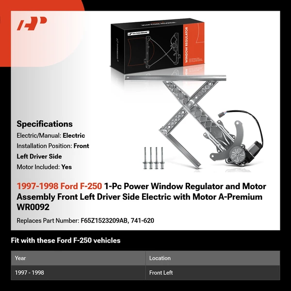 1997-1998 Ford F-250 1-Pc Power Window Regulator and Motor Assembly Front Left Driver Side Electric with Motor A-Premium WR0092