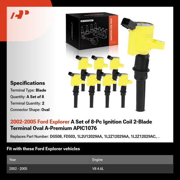 2002-2005 Ford Explorer A Set of 8-Pc Ignition Coil 2-Blade Terminal Oval A-Premium APIC1076