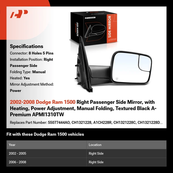 2002-2008 Dodge Ram 1500 Right Passenger Side Mirror, with Heating, Power Adjustment, Manual Folding, Textured Black A-Premium APMI1310TW