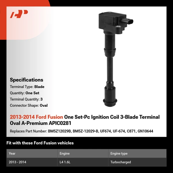 2013-2014 Ford Fusion One Set-Pc Ignition Coil 3-Blade Terminal Oval A-Premium APIC0281