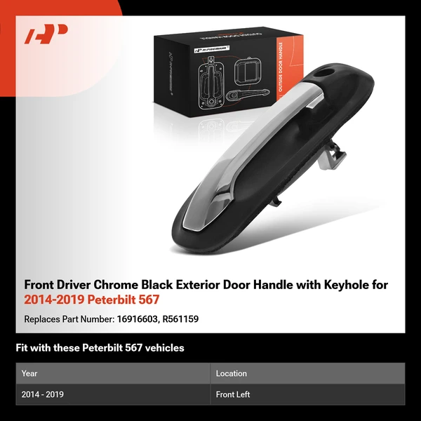 Front Driver Chrome Black Exterior Door Handle with Keyhole for 2014-2019 Peterbilt 567