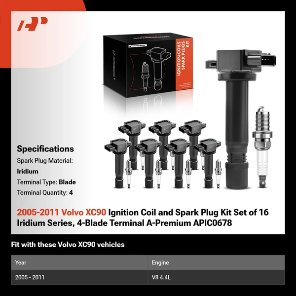 2005-2011 Volvo XC90 Ignition Coil and Spark Plug Kit Set of 16 Iridium Series, 4-Blade Terminal A-Premium APIC0678