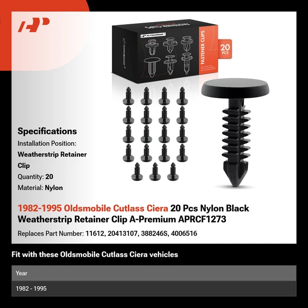 1982-1995 Oldsmobile Cutlass Ciera 20 Pcs Nylon Black Weatherstrip Retainer Clip A-Premium APRCF1273