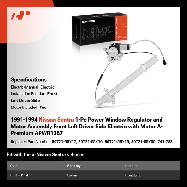 1991-1994 Nissan Sentra 1-Pc Power Window Regulator and Motor Assembly Front Left Driver Side Electric with Motor A-Premium APWR1387