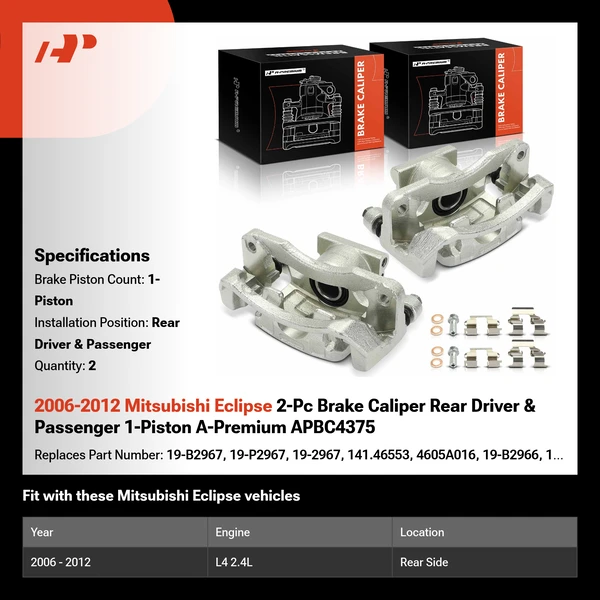2006-2012 Mitsubishi Eclipse 2-Pc Brake Caliper Rear Driver & Passenger 1-Piston A-Premium APBC4375