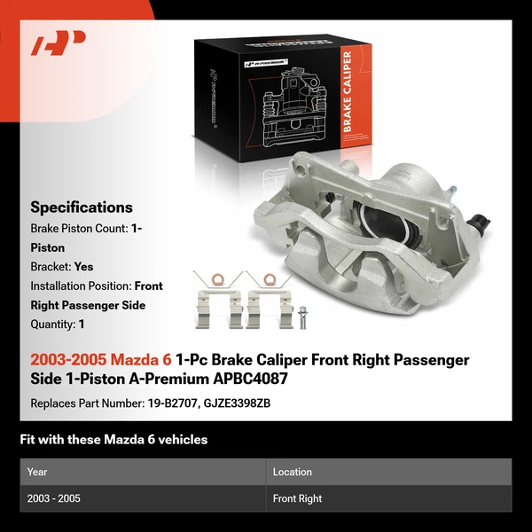 2003-2005 Mazda 6 1-Pc Brake Caliper Front Right Passenger Side 1-Piston A-Premium APBC4087