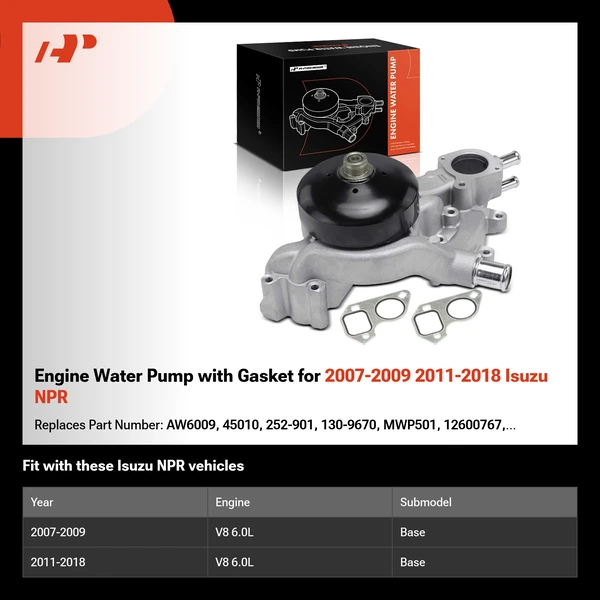 Engine Water Pump with Gasket for 2007-2009 2011-2018 Isuzu NPR