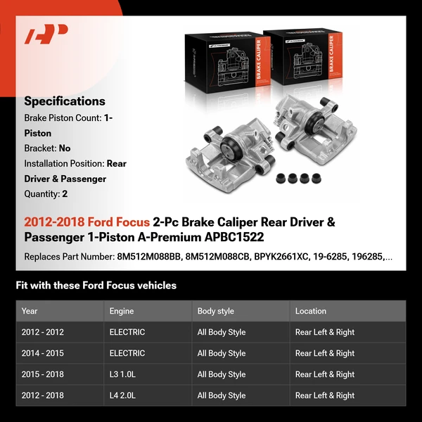 2012-2018 Ford Focus 2-Pc Brake Caliper Rear Driver & Passenger 1-Piston A-Premium APBC1522