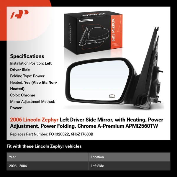 2006 Lincoln Zephyr Left Driver Side Mirror, with Heating, Power Adjustment, Power Folding, Chrome A-Premium APMI2560TW
