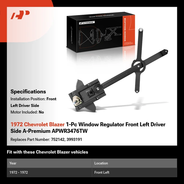 1972 Chevrolet Blazer 1-Pc Window Regulator Front Left Driver Side A-Premium APWR3476TW