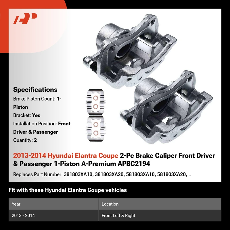 2013-2014 Hyundai Elantra Coupe 2-Pc Brake Caliper Front Driver & Passenger 1-Piston A-Premium APBC2194