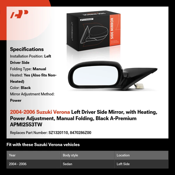 2004-2006 Suzuki Verona Left Driver Side Mirror, with Heating, Power Adjustment, Manual Folding, Black A-Premium APMI2553TW