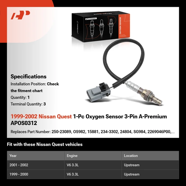 1999-2002 Nissan Quest 1-Pc Oxygen Sensor 3-Pin A-Premium APOS0312