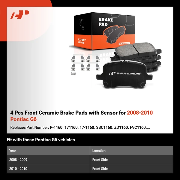 4 Pcs Front Ceramic Brake Pads with Sensor for 2008-2010 Pontiac G6