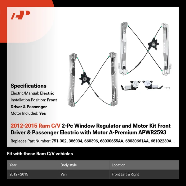 2012-2015 Ram C/V 2-Pc Window Regulator and Motor Kit Front Driver & Passenger Electric with Motor A-Premium APWR2593