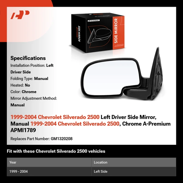 1999-2004 Chevrolet Silverado 2500 Left Driver Side Mirror, Manual 1999-2004 Chevrolet Silverado 2500, Chrome A-Premium APMI1789