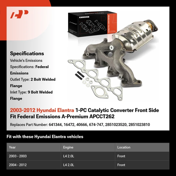 2003-2012 Hyundai Elantra 1-PC Catalytic Converter Front Side Fit Federal Emissions A-Premium APCCT262