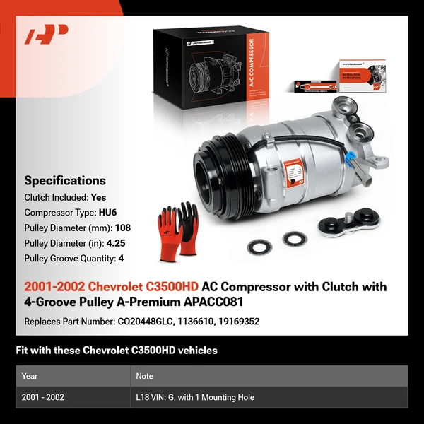2001-2002 Chevrolet C3500HD AC Compressor with Clutch with 4-Groove Pulley A-Premium APACC081