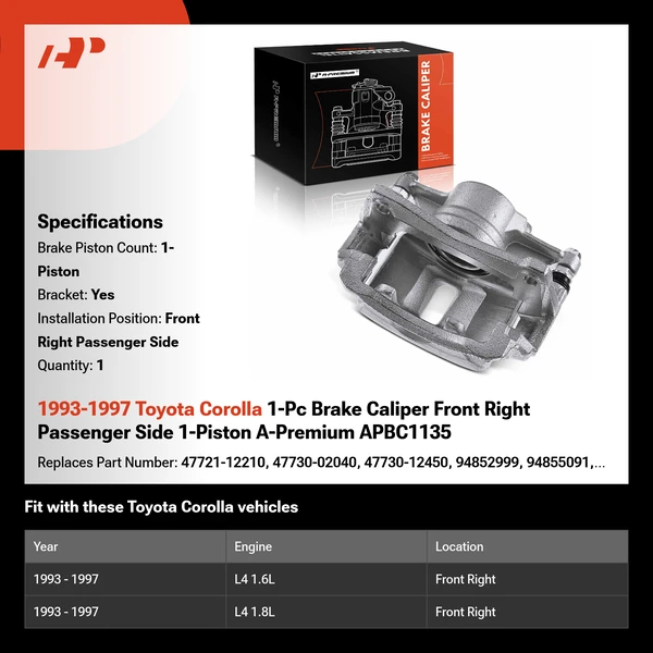 1993-1997 Toyota Corolla 1-Pc Brake Caliper Front Right Passenger Side 1-Piston A-Premium APBC1135