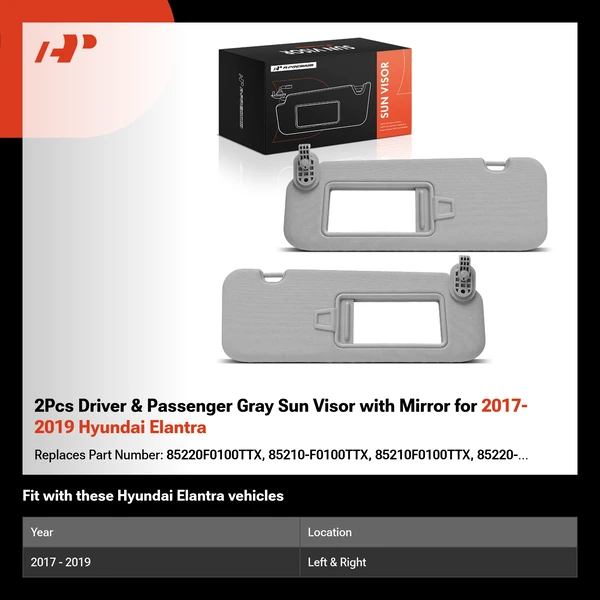 2Pcs Driver & Passenger Gray Sun Visor with Mirror for 2017-2019 Hyundai Elantra