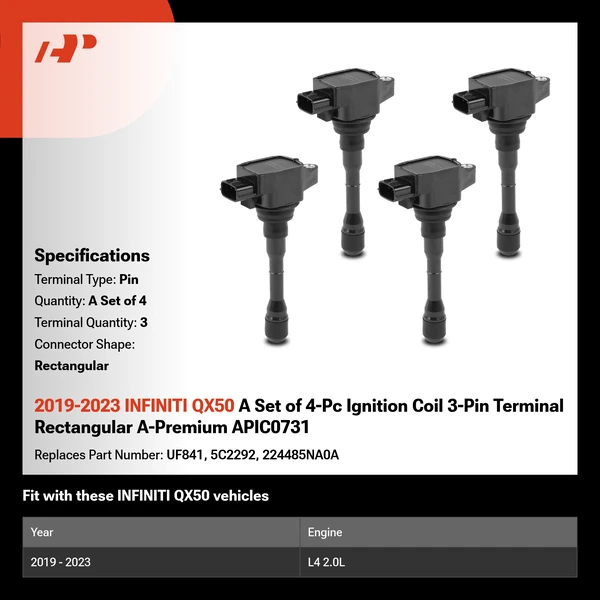2019-2023 INFINITI QX50 A Set of 4-Pc Ignition Coil 3-Pin Terminal Rectangular A-Premium APIC0731