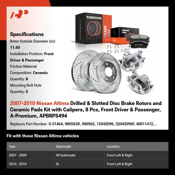 2007-2010 Nissan Altima Drilled & Slotted Disc Brake Rotors and Ceramic Pads Kit with Calipers, 8 Pcs, Front Driver & Passenger, A-Premium, APBRPS494