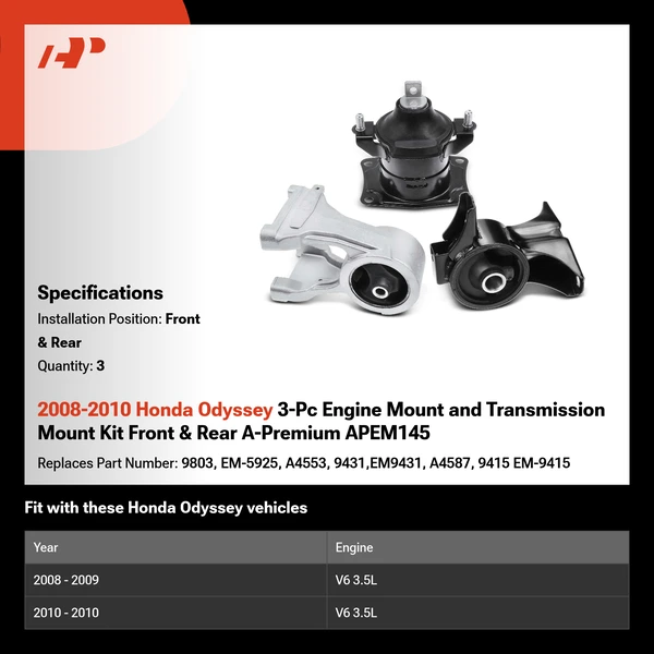 2008-2010 Honda Odyssey 3-Pc Engine Mount and Transmission Mount Kit Front & Rear A-Premium APEM145