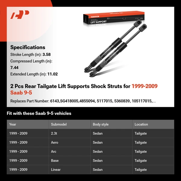 2 Pcs Rear Tailgate Lift Supports Shock Struts for 1999-2009 Saab 9-5