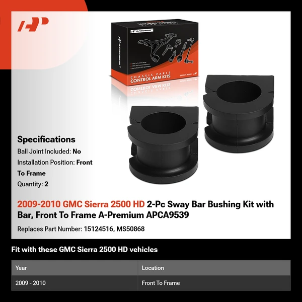 2009-2010 GMC Sierra 2500 HD 2-Pc Sway Bar Bushing Kit with Bar, Front To Frame A-Premium APCA9539
