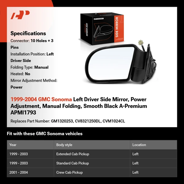 1999-2004 GMC Sonoma Left Driver Side Mirror, Power Adjustment, Manual Folding, Smooth Black A-Premium APMI1793